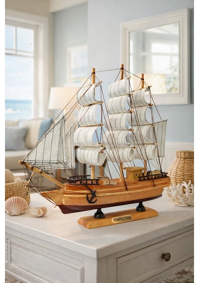 Dekoratif Premium Ahşap El Yapımı Yelkenli Gemi Maketi Masa Üstü Biblo Hediye 33 X 33 Cm 531-bd 33