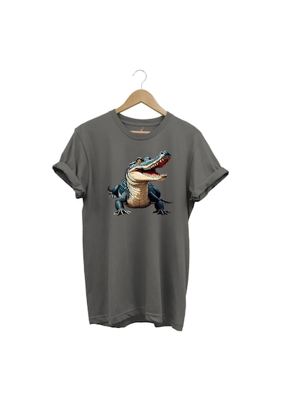 Timsah Baskılı %100 Pamuk Regular Fit T-shirt Gri