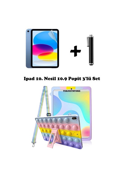 Apple Uyumlu iPad  10. Nesil 10.9 2022 Kılıf Popit Askılı Stand Koruyucu Eğlenceli 3'lü Set A2696 Kılıf