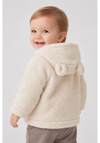 Wofim Kids Bebek Kapüşonlu Peluş Mont Ekru