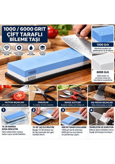 Tr 1000/6000 Grit Çift Taraflı Bileme Taşı, Su Taşı Bileyici, Profesyonel Bıçak Makas Şef Bıçağı El Alet