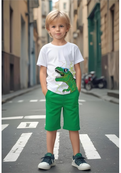 Fyk Kids Gözlüklü Dinazor Baskılı Erkek Çocuk Alt-Üst Takım - Yeşil