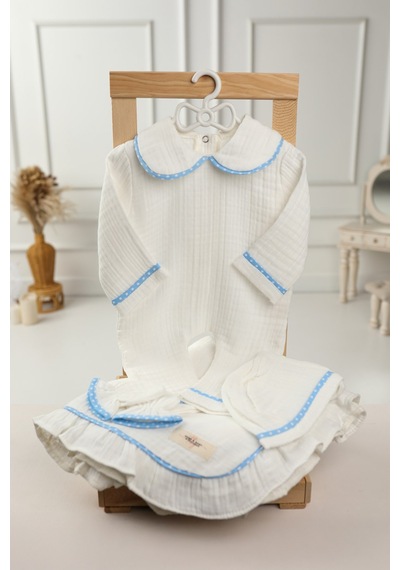 Tlyhometextiles 4 Lü Müslin Hastane Çıkışı Seti Mavi Puantiyeli %100 Pamuk, 0-3 Ay