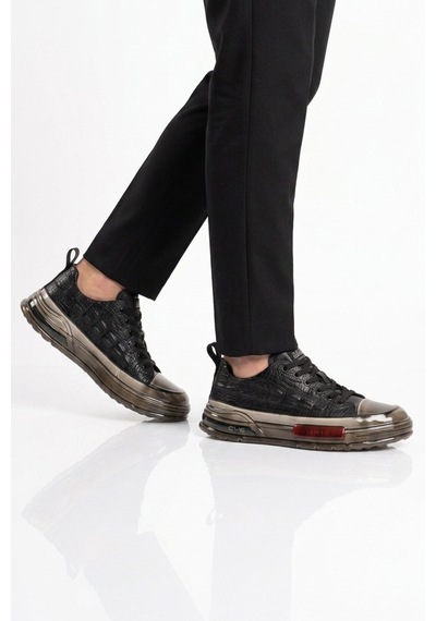 Voyager Siyah Hakiki Deri Kroko Desenli Kalın Taban Erkek Casual Ayakkabı Sneaker E058 M