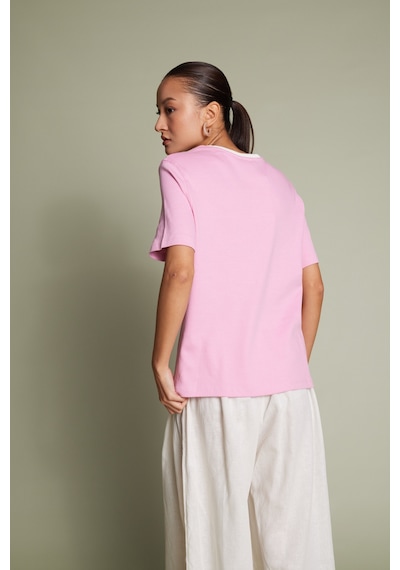 Pamuklu Kısa Kollu Kontrast Bisiklet Yaka T-shirt Pembe