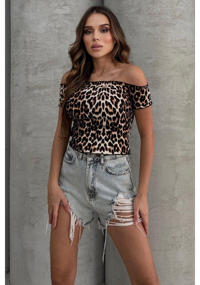Lesa Wear Leopar Desenli Soft Touch Kayıkçı Yaka Basic Crop Bluz LEOPAR