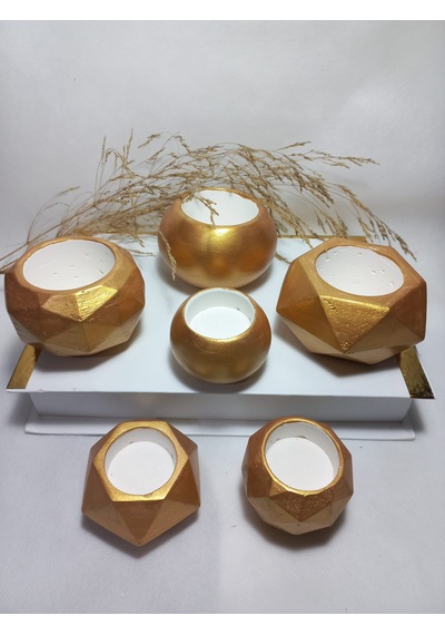 Antiquity Gold Ev Ve Ofis Aksesuarı Sukulent/kaktüs Saksı, Mumluk Set Dekoratif Obje 6 Parça Gold