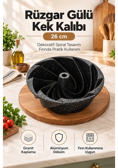 Kochler Rüzgar Gülü 26 Cm Granit Kaplamalı Alüminyum Döküm Kek Kalıbı Siyah