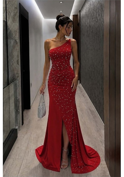 DefyModa Kadın Günlük Tek Omuz Taş Detaylı Abiye Elbise Kırmızı