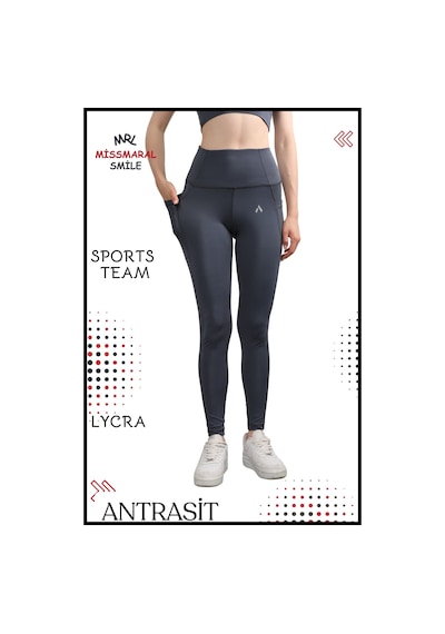 Missmaral Kadın Alt Üst Takım Fitness Pilates Koşu Spor Slm Fit Tayt Çift Cep Yüksek Bel Likralı Antrasit 3065 Antrasit