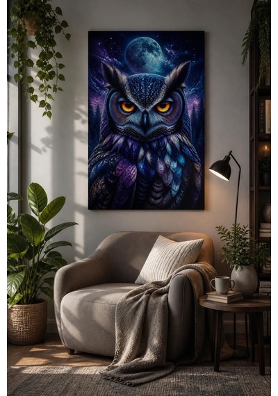 Baykuş Desenli Baskılı Cam Tablo Gizemli Gece Uv Baskı Duvar Dekoru