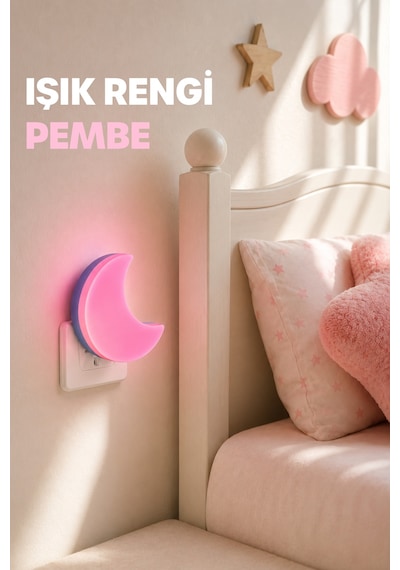 Yarım Ay Gece Lambası On/off Tuşlu Koridor Hol Işığı Uyuma Işığı Pembe K6975