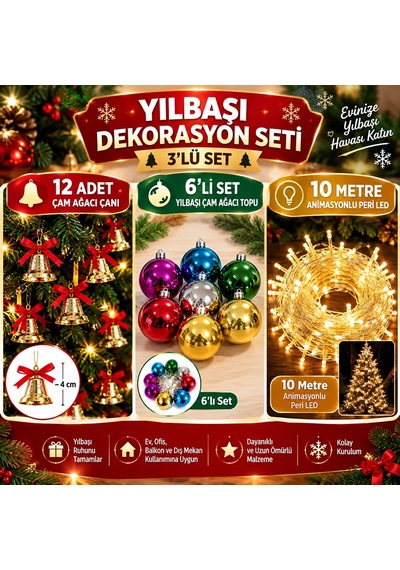 3'lü Yılbaşı Ağacı Süsleme Seti 12'li Çam Ağacı Çanı 6'lı Yılbaşı Topu 10 Metre Animasyonlu Peri Led Diğer