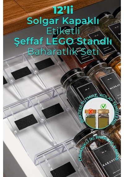 Mienda Home Şeffaf Lego Tasarım Standlı 12'li Cam Baharatlık Seti, Siyah Kapak Ve Etiketli Baharatlık Takımı Mh03 Diğer