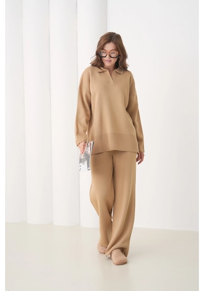 Park Karon Kadın Polo Yaka Yırtmaçlı Oversize Kazak Palazzo Pantolon Triko Alt-üst Takım Camel