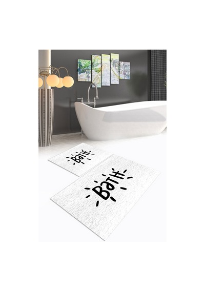 Buççin Online Mağaza Dijital Baskılı Kaymaz Yıkanabilir Bath İkili Banyo Takımı Klozet Takımı Polyester Beyaz Çok Renkli