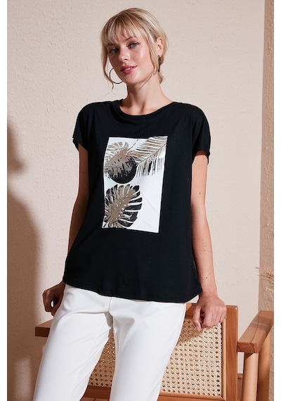 Lela Baskılı Bisiklet Yaka Regular Fit Bayan T Shirt 6671004 Siyah