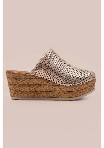Analin Shoes Kadın Hakiki Deri Burnu Kapalı Dolgu Topuk Terlik Altın