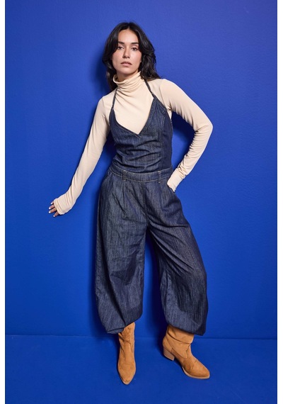 Kadın 7w6-50 Boyundan Askılı %100 Koton Denim Tulum Lacivert