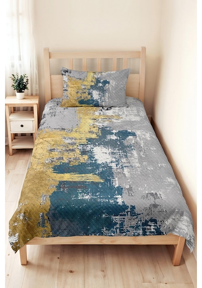 Geometrik Gri Mavi Genç Odası Tek Kişilik Pike Takımı-altın Modern 160x220 Cm Kapitone Yatak Örtüsü Kırık Kil Dokusu