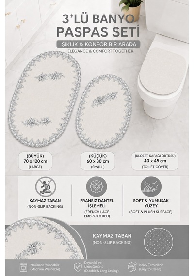 3lü Set Siyah Fransız Dantelli Lüks Banyo Paspası Kaymaz Tabanlı Çeyizlik Hediyelik Banyo Paspas Set