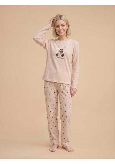 Wordex Mırano 3114 Waffle Soft Kumaş Ayıcık Desenli Kışlık Ev Kadın Pijama Takımı Bej