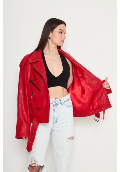 M M Marki Marki Kadın Hakiki Jumbo Deri Ceket Biker Tarz, Kemerli, Oversize, Apoletli, 65 Cm, Kırmızı - 116622x