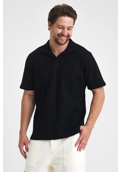 Tarz Cool Erkek Jakarlı Baklava Desenli %100 Pamuk Polo Yaka T-shirt Siyah