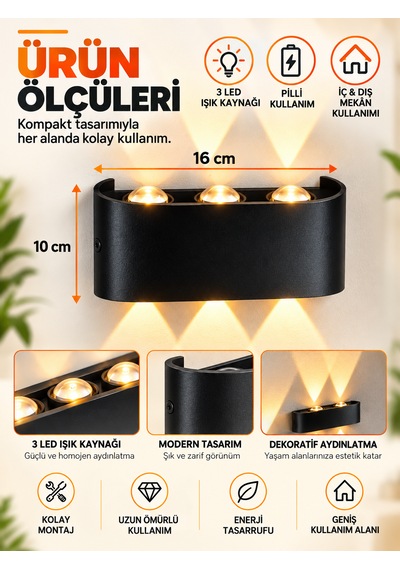 9v Pilli Kablosuz Duvar Apliği Iç Ve Dış Mekân Amber Renk Siyah Siyah