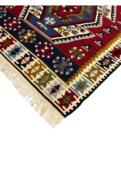 El Dokuma Sıfır Yahyalı Kilim 100x165 Kırmızı Mavi %100 Yün Kök Boya Mavi