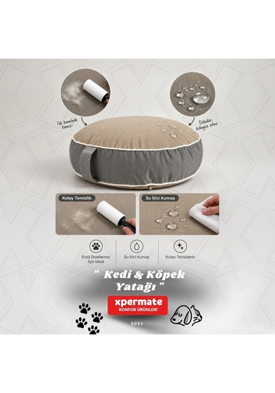 Xpermate Fermuarlı Kedi ve Köpek Minderi Yuvarlak Kedi Minderi Yıkanabilir Kedi Köpek Yatağı Bej - Gri