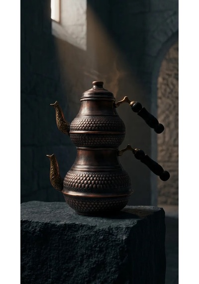 Aura Copper El İşlemeli Bakır Çaydanlık Seti 1 Mm Üst 850-950 Ml Alt 1850-1950 Ml 27 Cm Oksitli Bakır