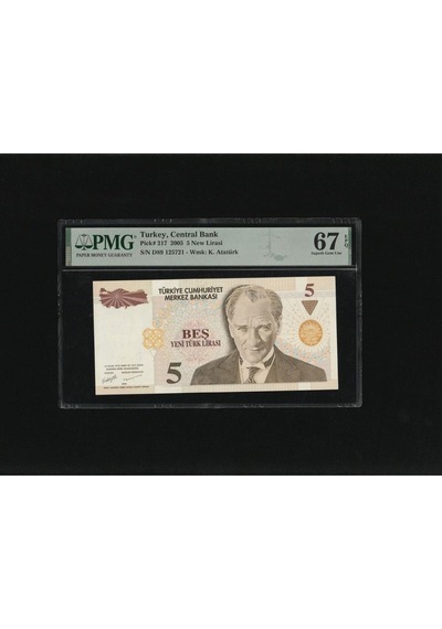Beş Yeni Türk Lirası 5 Ytl P217 2005 Pmg 67 Epq Superb Gem Unc S/n D89 125721 8. Ems 1. Tertip