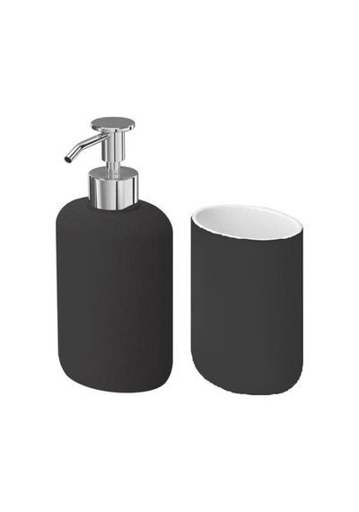 2 Li Banyo Seti Ekoln Sıvı Sabunluk Diş Fırçalık Koyu Gri Renk Stoneware Koyu Gri