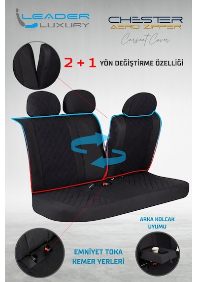 Fiat Linea Dynamic Uyumlu Lüx Yarı Deri Oto Koltuk Kılıfı Ön Arka Takım Chester Siyah Mavi