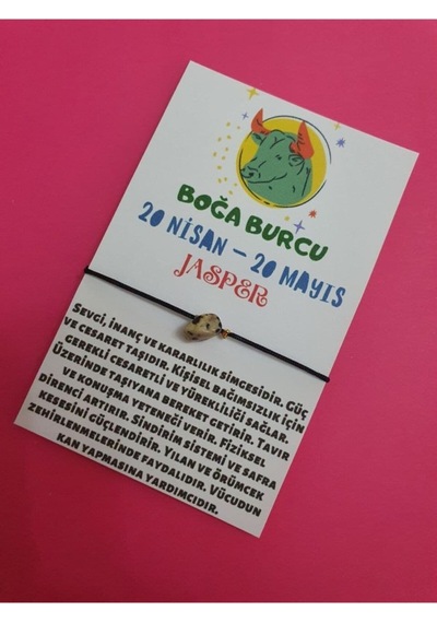 Gümüştel El Sanatları Sertifikalı Boğa Burcu Jasper Doğal Taşlı Ip Burç Bilekliği Çok Renkli