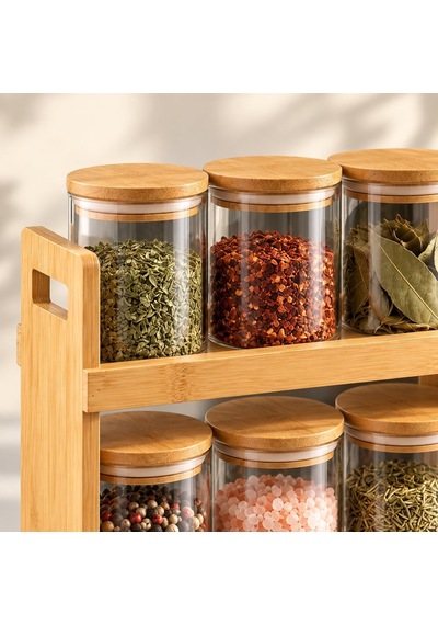 Bambu Standlı 6'li Borosilikat Cam Baharatlık Seti, Her Kavanoz 300 Ml, Bambu Kapaklı, 2 Katlı Baharat Rafı, Yan Tutma Açıklıklı Tezgah Üstü Mutfak Düzenleyici Diğer