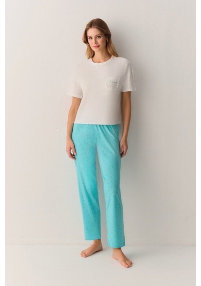Suwen Lucky Pamuklu Pijama Takımı Sh26623660335 Turkuaz Desenli