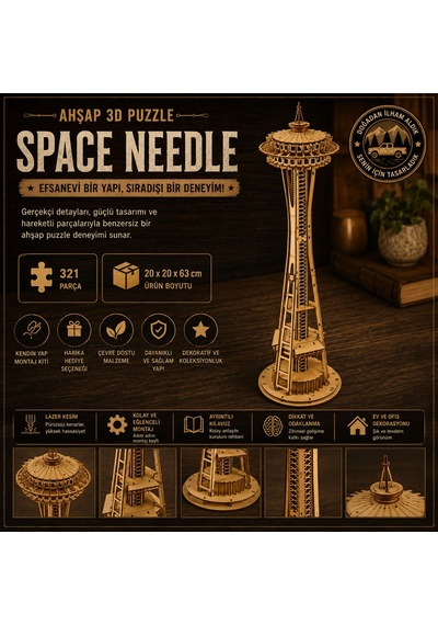 Space Needle Ahşap Maket Seti Dıy 3d Puzzle Seattle Kulesi Koleksiyoner Modeli 321 Parça