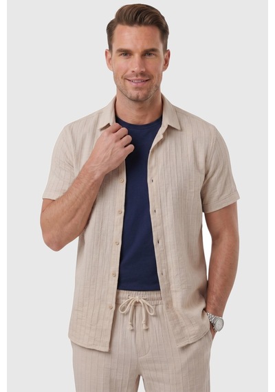 Rizzup Bej Slim Fit Çizgi Dokulu Keten Görünümlü Kısa Kol Erkek Spor Gömlek 2602648