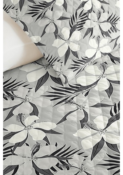 Çiçekli Gri Modern Tek Kişilik Pike Takımı - Botanik Beyaz Antrasit 160x220 Cm Kapitone Yatak Örtüsü Naif Gölge Kıyımı