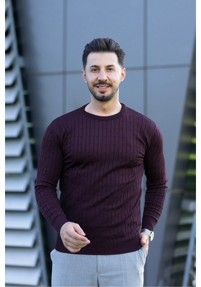 Hk Premium Triko Kazak Fitilli Slim Fit Bisiklet Yaka Likralı Kışlık Sweatshirt Bordo