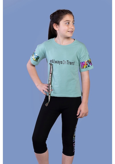 Toontoy Kids Toontoy Kız Çocuk 2'li Takım Baskılı Bisiklet Yaka T-shirt & Basic Düz Crop Tayt & Şerit Detaylı Yeşil