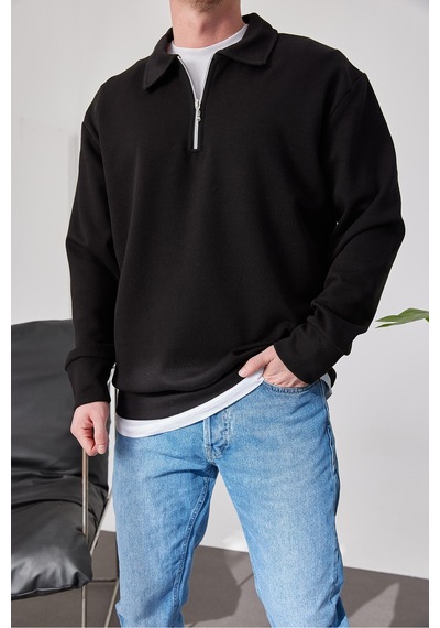 Prtnc Protonic Erkek Polo Yaka Oversize Siyah Sweatshirt Yarım Fermuar Sweatshirt Siyah