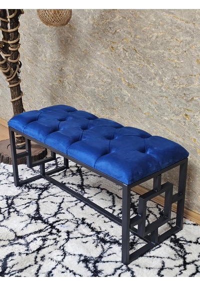 Zafir Siyah Boyalı İçi Kareli Diktörtgen 100 Cm X 40 Cm Oturak Puf - Bench - Makyaj Oturağı - Oturak Mavi