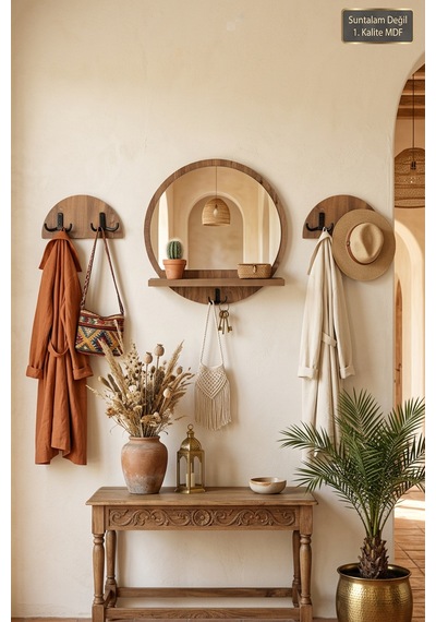 Antik Ahşap Dekoratif 3 Parça Banyo Lavabo Mutfak Aynası Raflı Aynalı Askılık Set Portmanto Oda Duvar Antre Hol Raflı Askılı Ayna Srn-20x Atlantik Çam