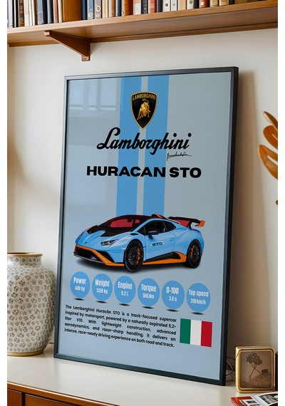 Lamborghini Huracan Sto Premium Araba Tablosu - Teknik Özellikli İtalyan Otomobil Duvar Dekoru Siyah