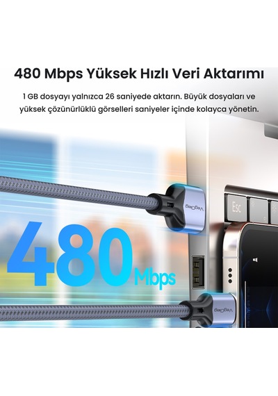 Veggieg Usb-a To Usb-c 60w 3a Type-c Hızlı Şarj Ve Data Kablosu 2 Metre