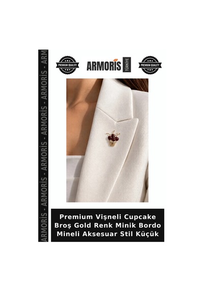 Premium Vişneli Cupcake Broş Gold Renk Minik Bordo Mineli Aksesuar Stil Küçük