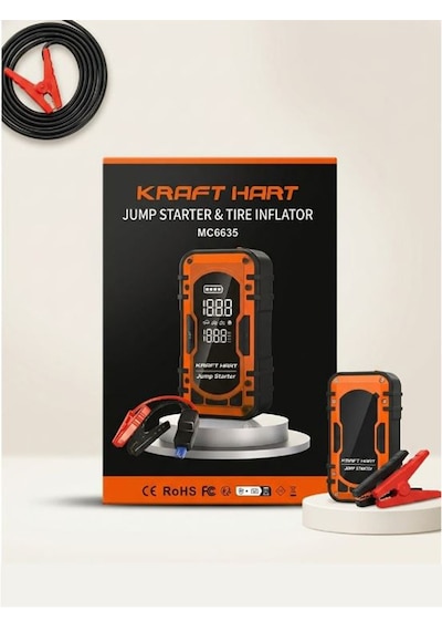 Kraft Hart Akü Takviye Cihazı 4'ü 1 Arada Powerbank, Hava Kompresörü, Lcd Ekran, 12.000mah 150psı Akü Takviye Cihazı